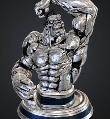 Muscular silver comic book character bust featuring a monstrous cybernetic warrior on a pedestal.