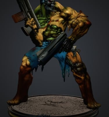 Muscular zombie soldier action figure miniature holding futuristic firearms on a circular display base.