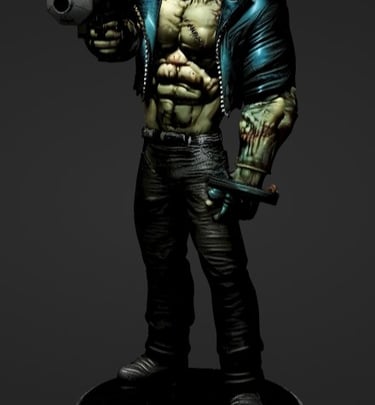 Muscular monster character model in a blue leather jacket holding a futuristic weapon.