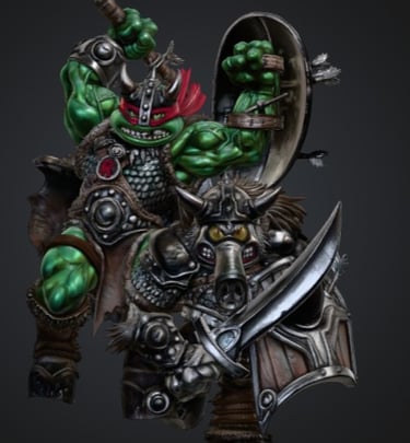 Fantasy miniature sculpture of Raphael as a barbarian warrior fighting alongside Bebop in heavy armor.