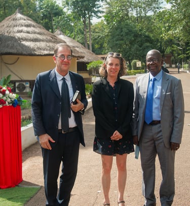 Diplomatic meeting featuring officials in formal suits standing before the Central African Republic flag.