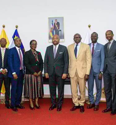Dignitaries pose for a formal meeting photo in front of the Central African Republic flag.