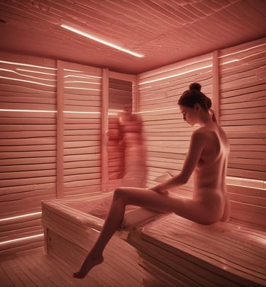 Woman relaxing in a modern infrared sauna with red light therapy and wooden paneling.