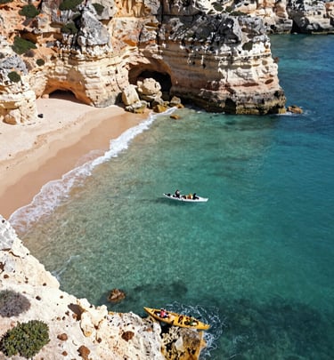 An elegant aerial perspective of the rugged Algarve coastline with turquoise waters and cliffs.