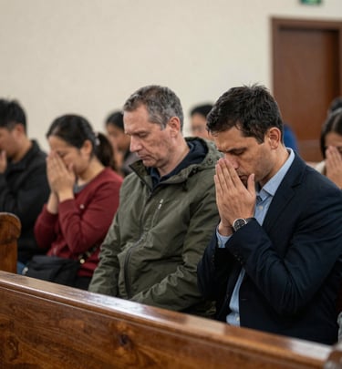 A warm group photo of the congregation gathered in the church courtyard during a sunny Sunday service.