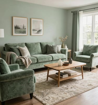 A cozy living room with soft beige sofas, a wooden coffee table, and sunlight streaming through sheer curtains.