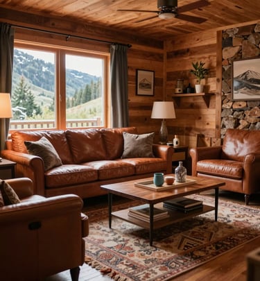 An airy living room with a mix of modern and rustic decor, including a stone fireplace and woven baskets.