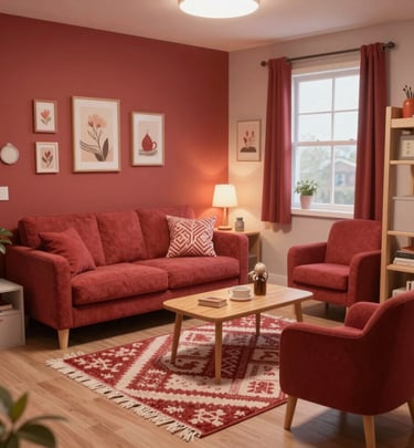 A serene living room corner with a comfy reading nook, soft lighting, and natural wood accents.