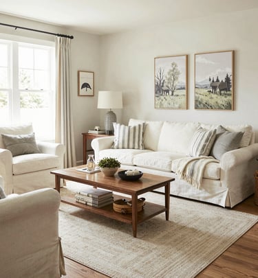 A bright living area with colorful throw pillows, a mid-century modern armchair, and a gallery wall of art.