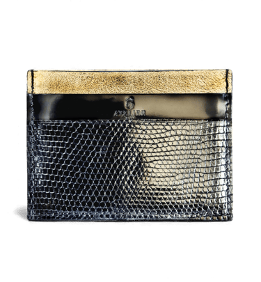Luxury black snakeskin card holder with gold trim and embossed Atelier logo on a black background.