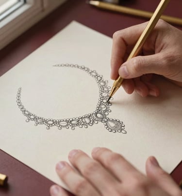 A close-up overhead shot of an artisan's hands sketching an intricate bridal necklace design on textured cream paper, gold pencils, warm side-lighting from a window, 35mm.