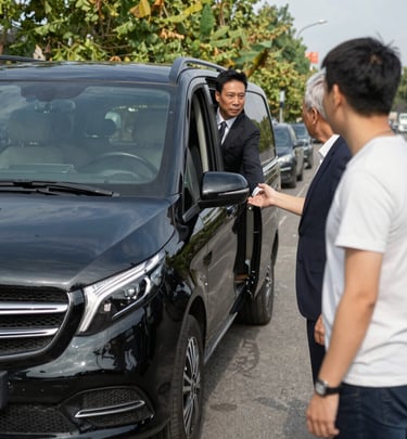 Happy pilgrims boarding a clean, modern vehicle preparing for their trip to the holy sites.
