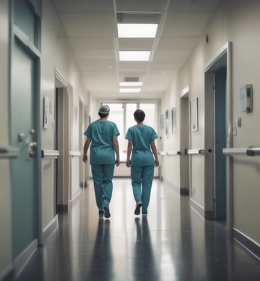 A compassionate nurse gently assisting an elderly patient in a bright, modern care home room.
