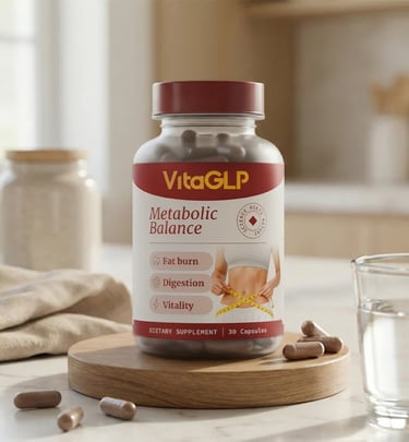 VitaGLP Metabolic Balance dietary supplement bottle with fat burn capsules on a wooden coaster.