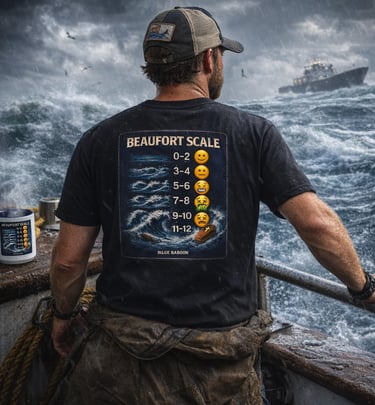 A sailor on a stormy ship wearing a Beaufort Scale t-shirt with wave graphics and emojis.