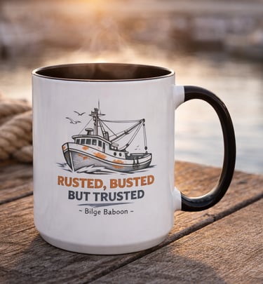 Steaming coffee mug with a fishing boat illustration and nautical quote on a wooden dock.