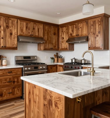 A freshly remodeled kitchen with warm wood cabinets and modern fixtures bathed in natural Texas sunlight
