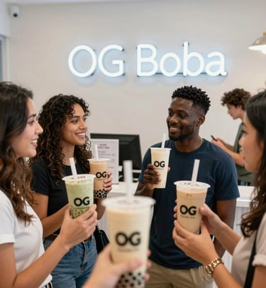 Friends laughing and sharing boba drinks together, embodying the good vibes OG Boba stands for.
