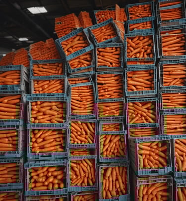 Boxes of assorted fresh vegetables labeled and ready for international shipment