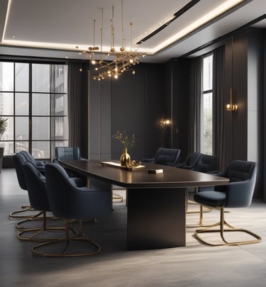 Spacious minimalist living room with large windows and sophisticated decor.