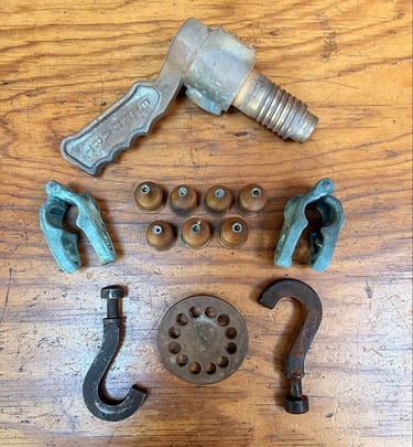Various objects on the workbench of an assemblage artist, image 1.