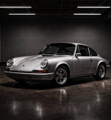 Classic silver Porsche 911 parked in a moody, dimly lit garage with overhead studio lighting.