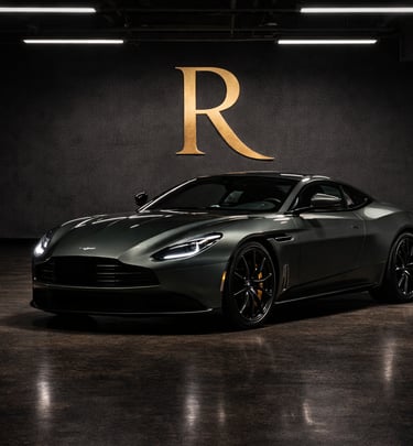 Sleek metallic grey Aston Martin luxury sports car parked in a dark high-end showroom.