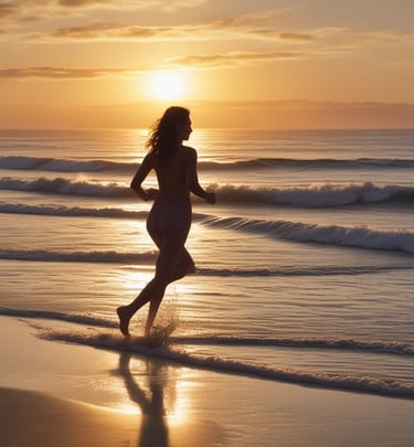 An active woman jogging along a beach at golden hour, wearing chic athleisure with a natural, healthy glow.