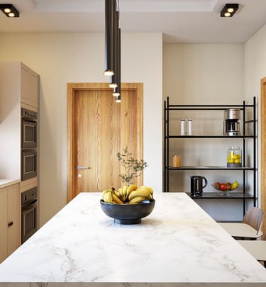 a bowl of fruit on a table in a kitchen