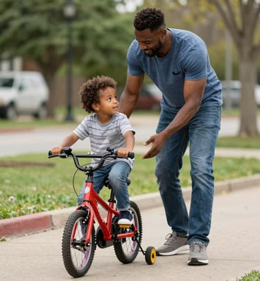 A peaceful park scene where a child rides a bike with one parent cheering on the side.