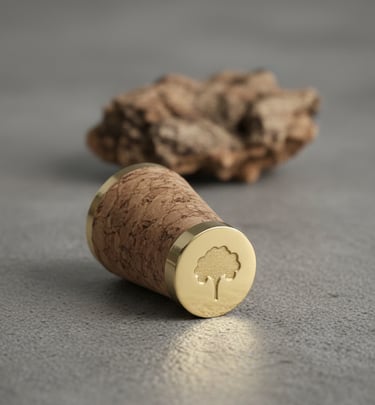 Elegant gold-capped wine cork with a tree engraving on a grey stone surface.