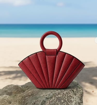 Red fan-shaped designer handbag on a beach rock with tropical ocean background.