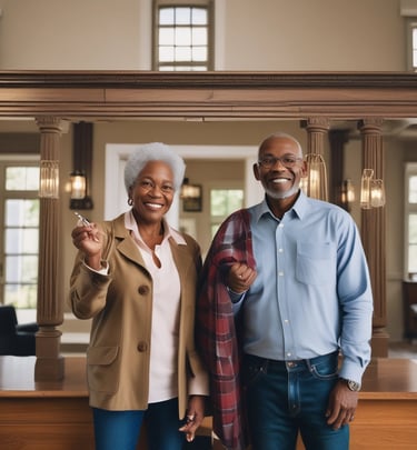 A happy family standing in front of their new home holding golden keys with a green and gold themed backdrop