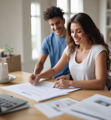 Smiling mortgage advisor consulting with a couple in a warmly lit modern office featuring gold accents