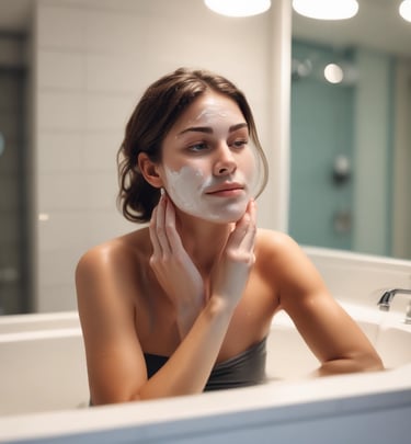 Joyful woman in bathrobe and headband, eyes closed, touching her smooth, radiant skin, reflecting in a bathroom mirror