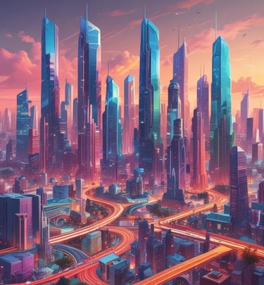 A futuristic cityscape blending into a natural forest, illustrating different life paths