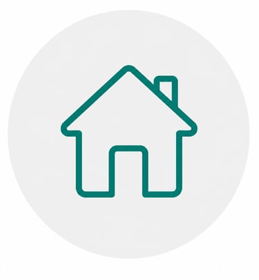 Minimalist green home icon with a chimney and door on a white circle background.