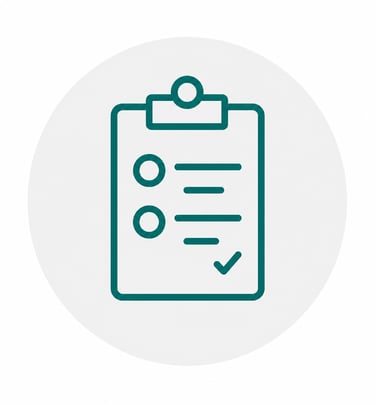 A teal line art checklist icon on a clipboard for survey and task management tasks.