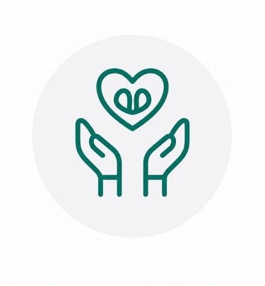 Green line icon of hands cupping a heart with leaves inside representing growth and healthcare.
