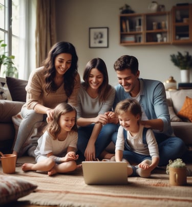 Family having a pillow fight on the couch.