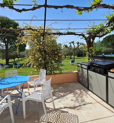 Sur la terrasse un cuisine d'été avec sur les meuble un évier et une plancha.