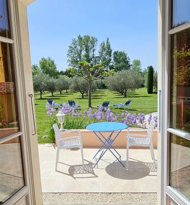 Vue sur le jardin depuis le salon avec les iris en fleur et les transats pour se reposer.