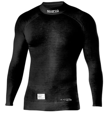 Black Sparco long-sleeve fire-resistant racing undershirt with X-Cool treatment for motorsports safety.