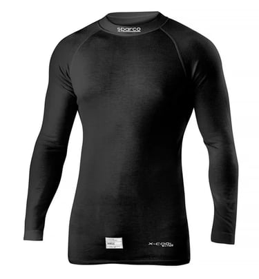 Sparco black fireproof racing long sleeve undershirt with X-Cool technology for driver safety.