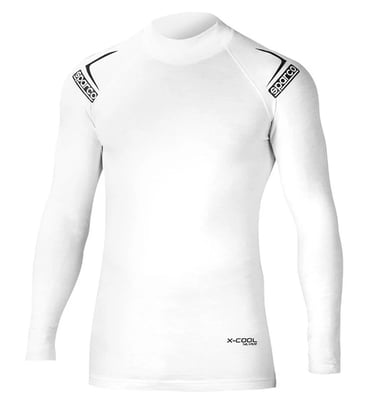 White Sparco fireproof long-sleeve racing undershirt with X-Cool treatment for motorsports safety.