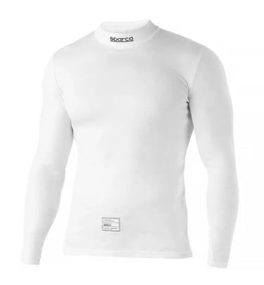White Sparco fireproof long-sleeve racing undershirt for professional driver safety and comfort.