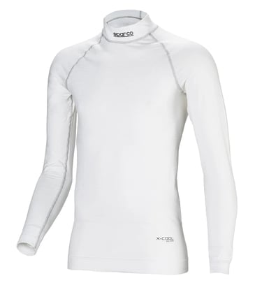 White Sparco fireproof long-sleeve base layer top with X-Cool silver technology for racing safety.