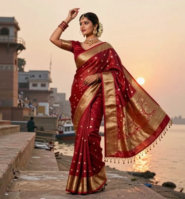 Close-up of a rich maroon Banarasi saree with intricate gold zari work draped elegantly on a mannequin