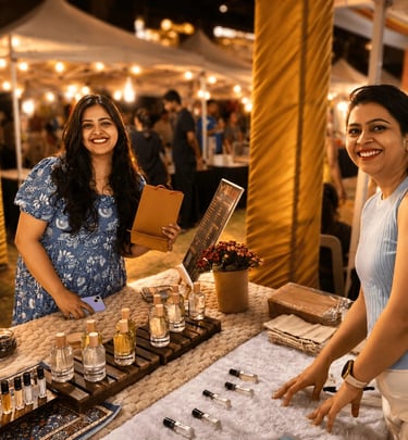 Two women smiling at a perfume stall during an outdoor night market festival with warm lighting.