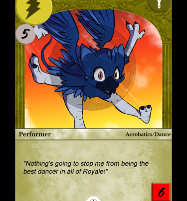 A card with a blue gryphon soaring in front of a sunset, yellow frame with card details around it